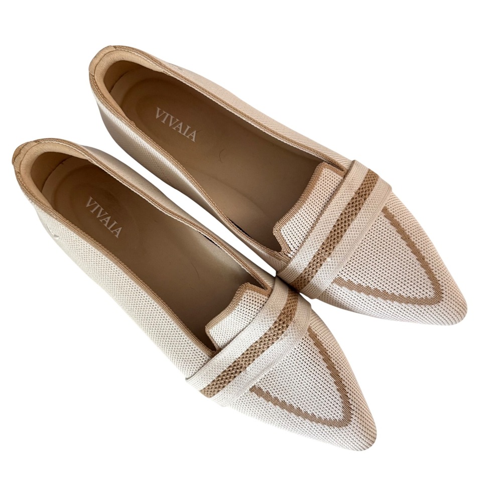 Vivaia Pointed Toe Loafers Ivory Nude Knit Sustainable Slip-On - 37 / 6.5